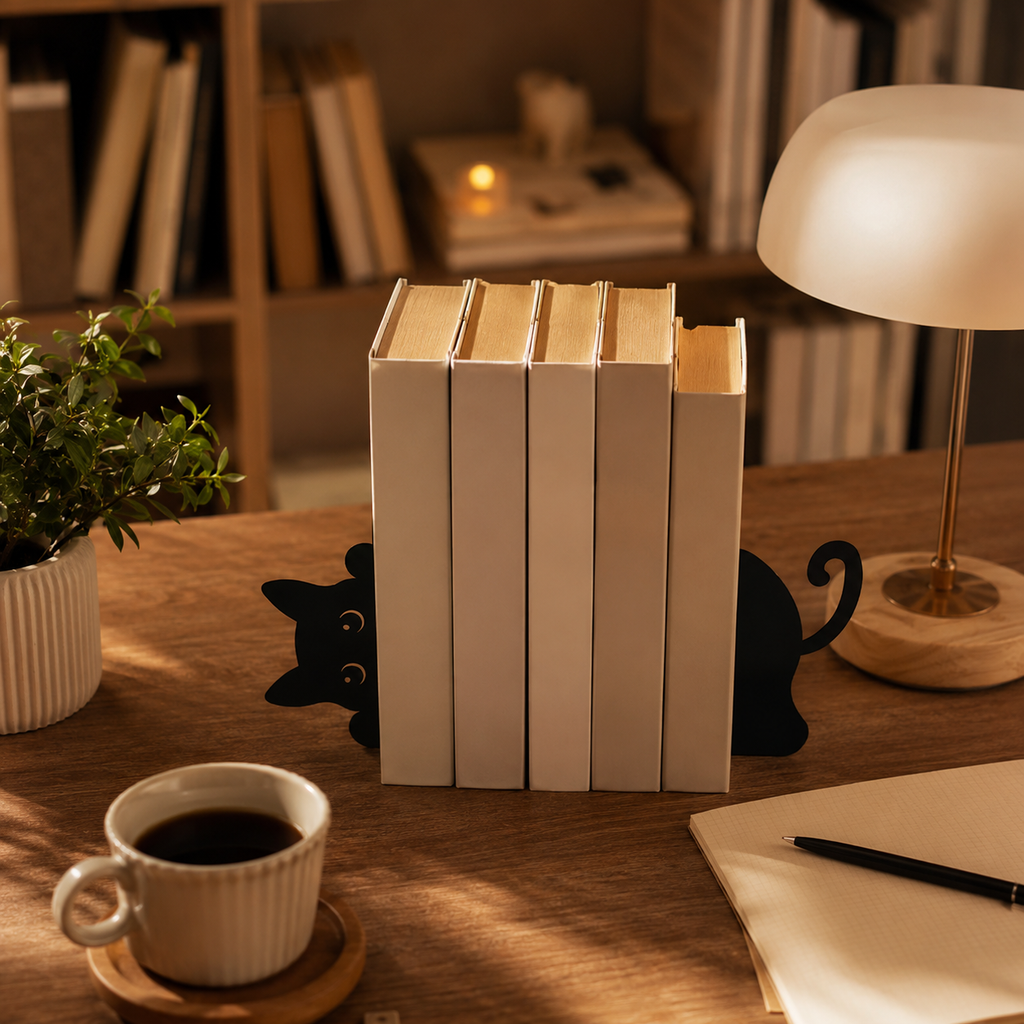 Black Cat Bookend — Decorative Metal Bookshelf Holder